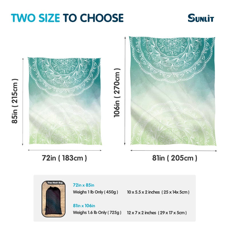 Sunlit Silky Soft 85"x72" Boho Sand Proof Beach Blanket Sand Proof Mat with Corner Pockets and Mesh Bag for Beach Party, Travel, Camping and Outdoor Music Festival, Tiffany Green Mandala - Image 2